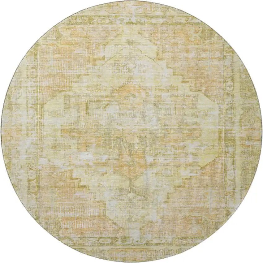 8' Gold And Ivory Oriental Washable Round Rug With UV Protection Photo 3