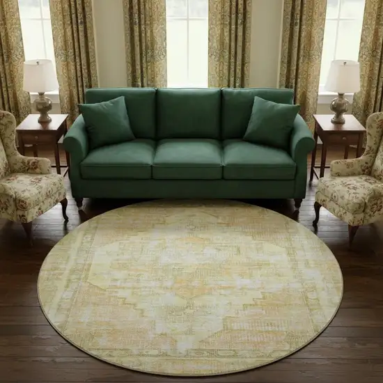 8' Gold And Ivory Oriental Washable Round Rug With UV Protection Photo 2