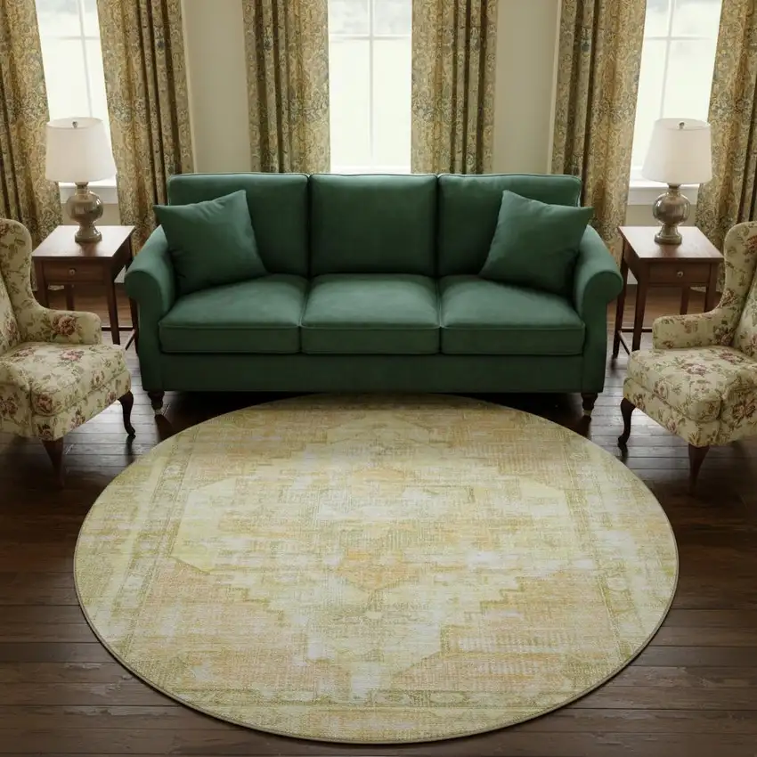 8' Gold And Ivory Oriental Washable Round Rug With UV Protection Photo 2