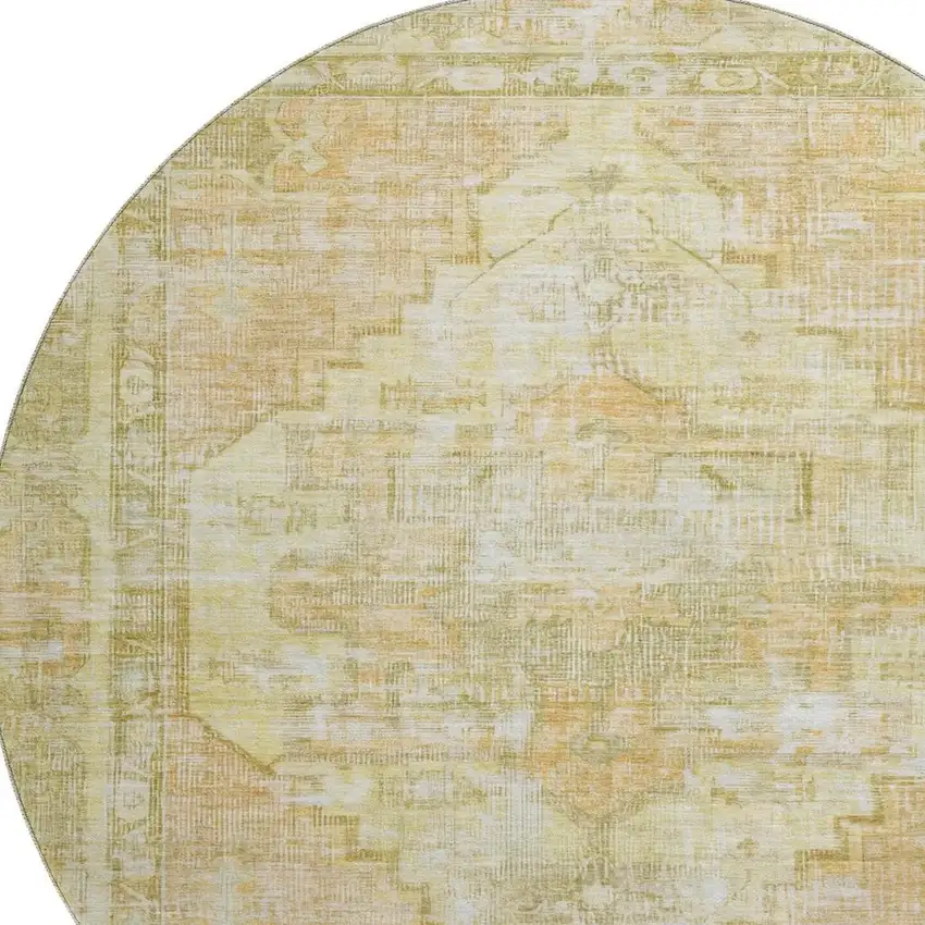 8' Gold And Ivory Oriental Washable Round Rug With UV Protection Photo 2