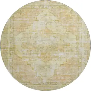 Photo of 8' Gold And Ivory Oriental Washable Round Rug With UV Protection
