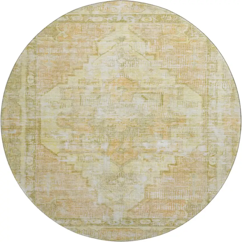 8' Gold And Ivory Oriental Washable Round Rug With UV Protection Photo 1