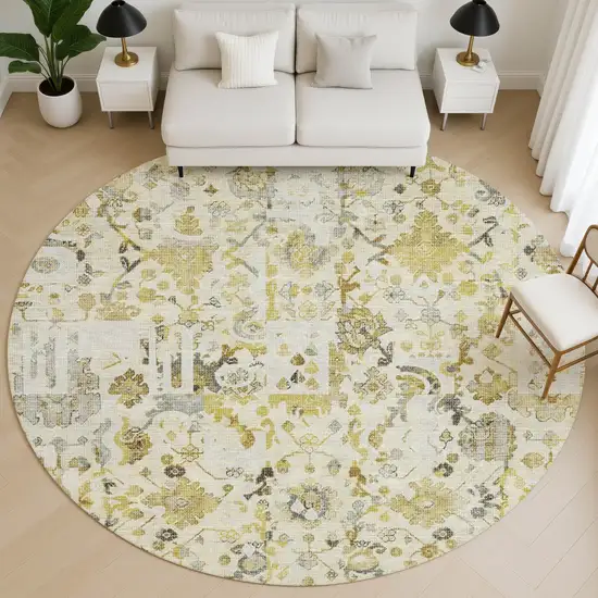 8' Gold And Ivory Patchwork Washable Round Rug With UV Protection Photo 5