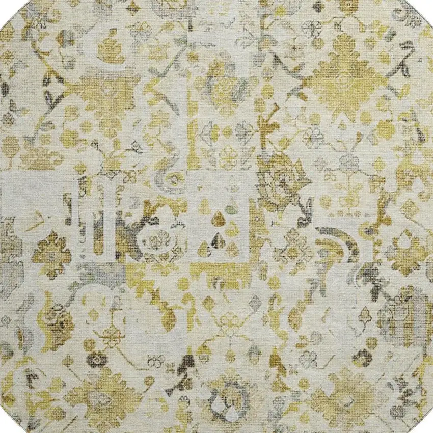 8' Gold And Ivory Patchwork Washable Round Rug With UV Protection Photo 3