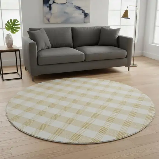 8' Gold And Ivory Plaid Washable Round Rug With UV Protection Photo 2
