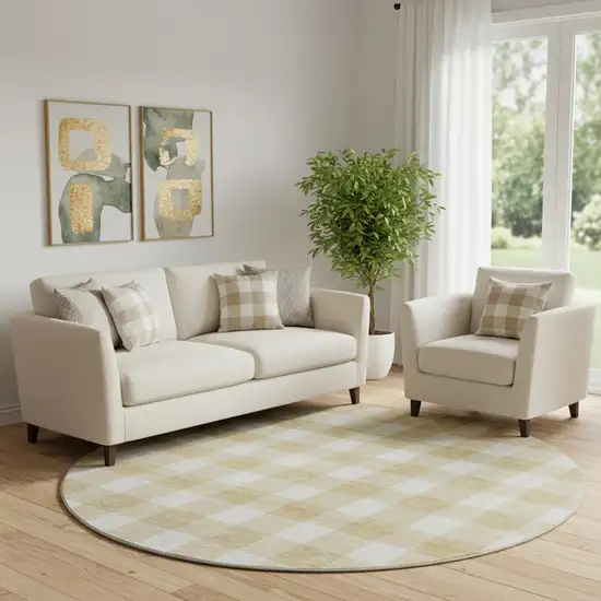 8' Gold And Ivory Plaid Washable Round Rug With UV Protection Photo 1