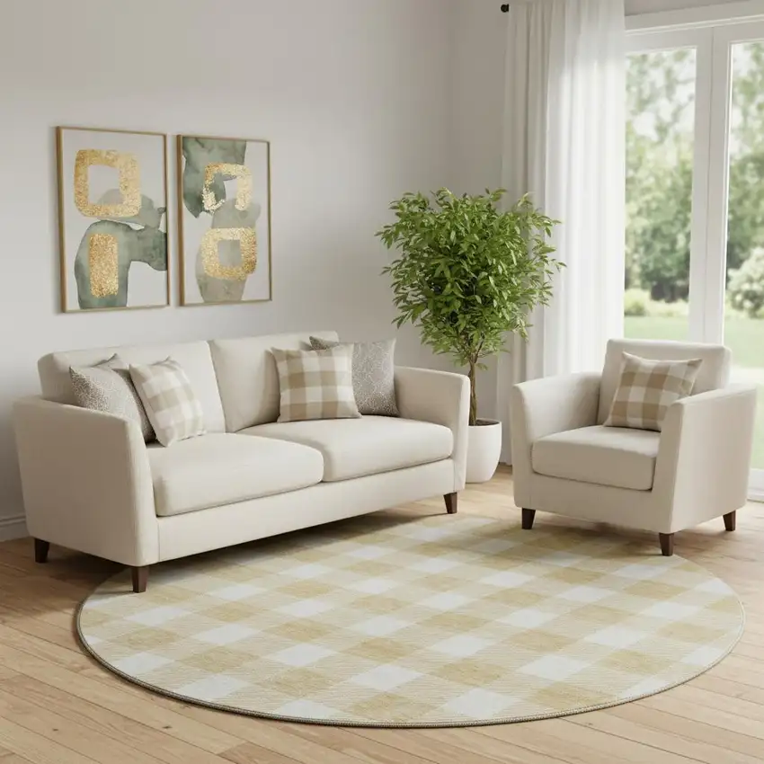 8' Gold And Ivory Plaid Washable Round Rug With UV Protection Photo 1