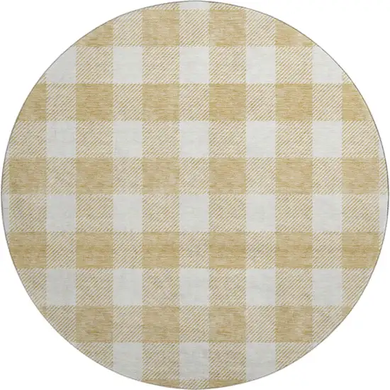 8' Gold And Ivory Plaid Washable Round Rug With UV Protection Photo 1