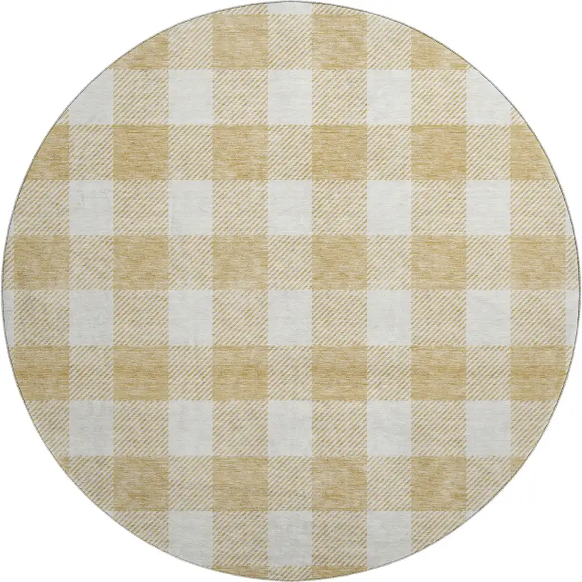 8' Gold And Ivory Plaid Washable Round Rug With UV Protection Photo 1