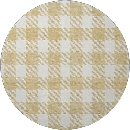 8' Gold And Ivory Plaid Washable Round Rug With UV Protection Photo 2