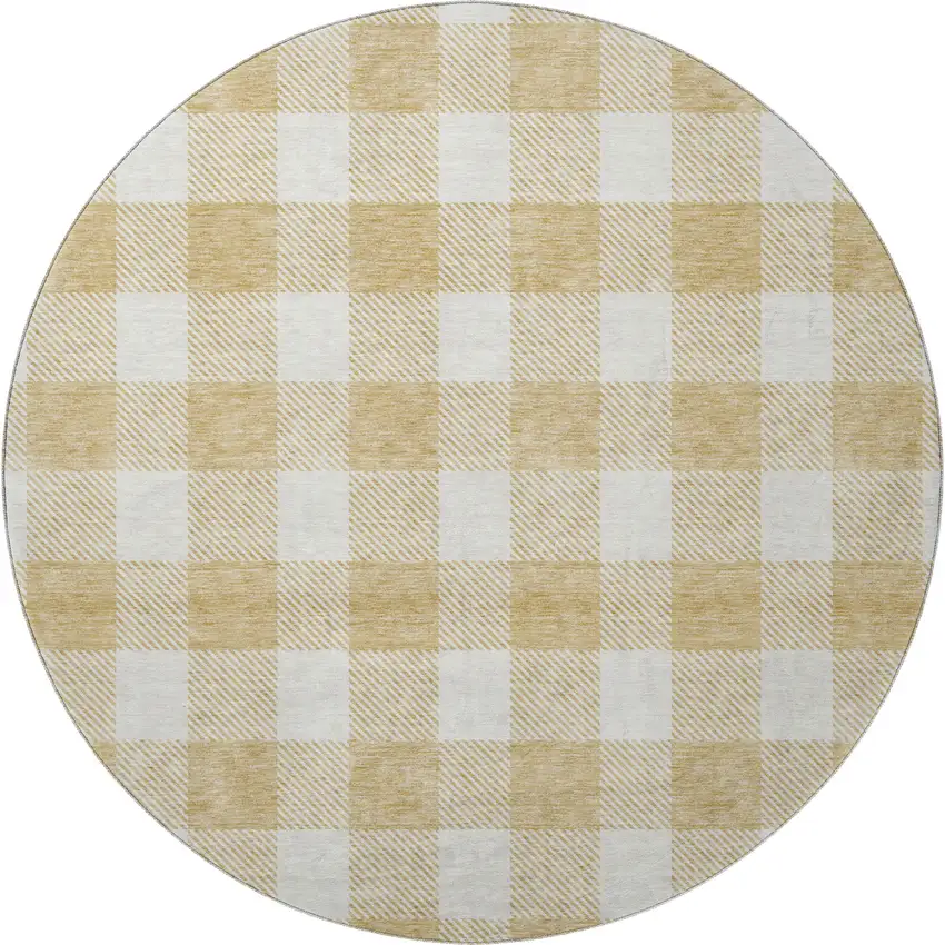 8' Gold And Ivory Plaid Washable Round Rug With UV Protection Photo 2