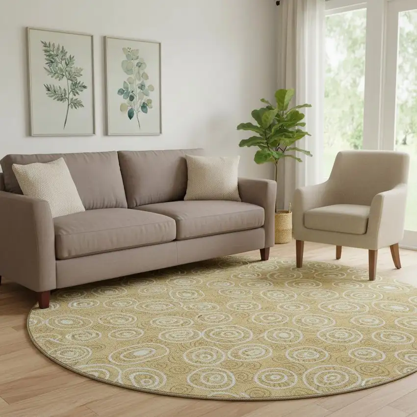 8' Gold And Ivory Polka Dot Washable Round Rug With UV Protection Photo 1