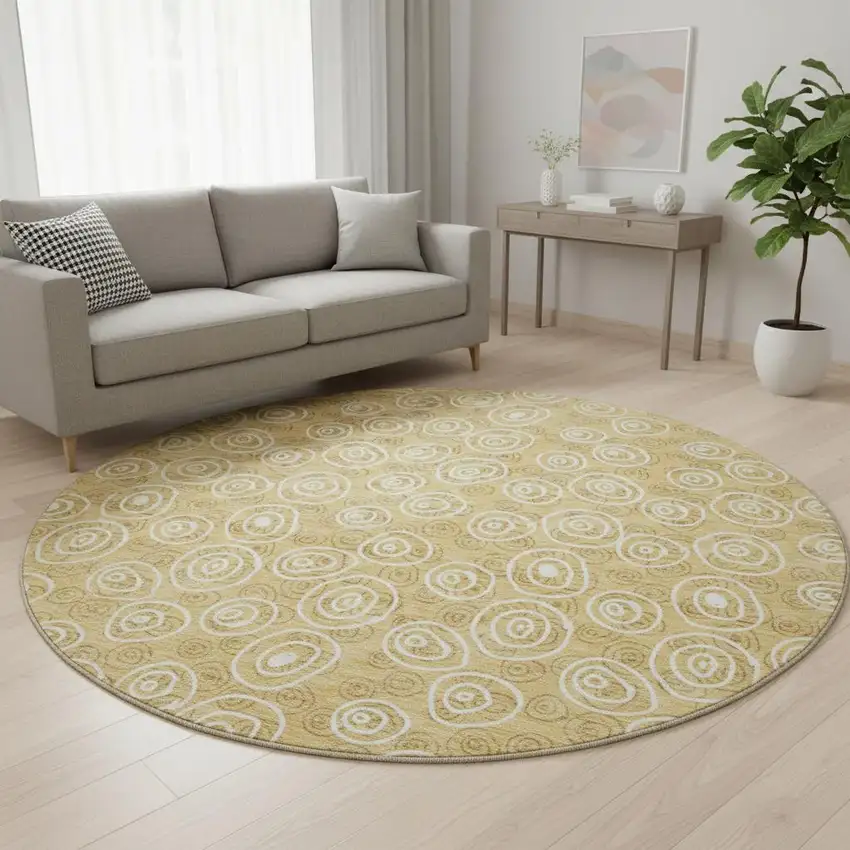 8' Gold And Ivory Polka Dot Washable Round Rug With UV Protection Photo 2