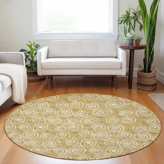 8' Gold And Ivory Polka Dot Washable Round Rug With UV Protection Photo 4