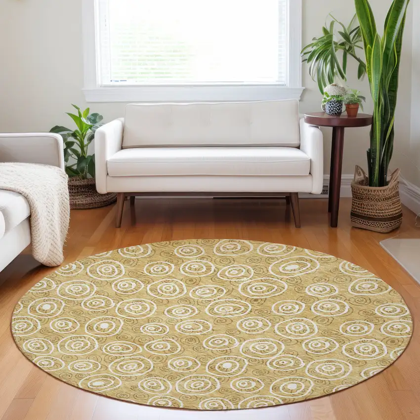 8' Gold And Ivory Polka Dot Washable Round Rug With UV Protection Photo 4