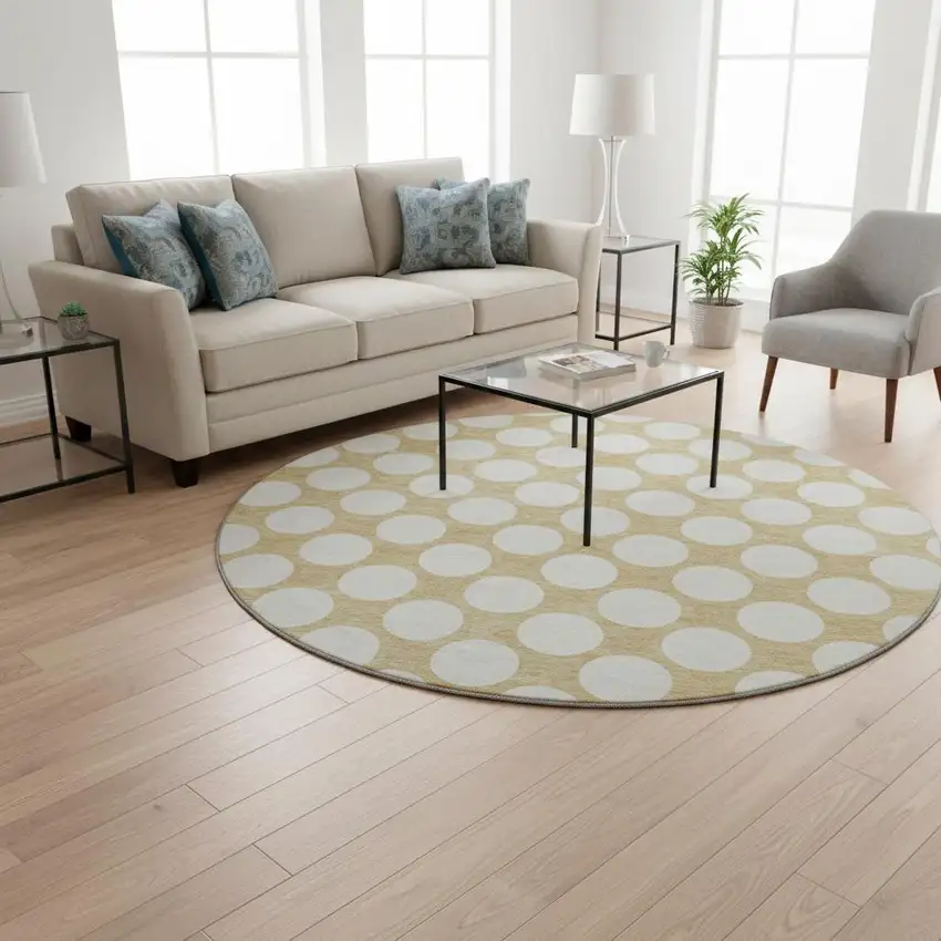 8' Gold And Ivory Polka Dot Washable Round Rug With UV Protection Photo 2