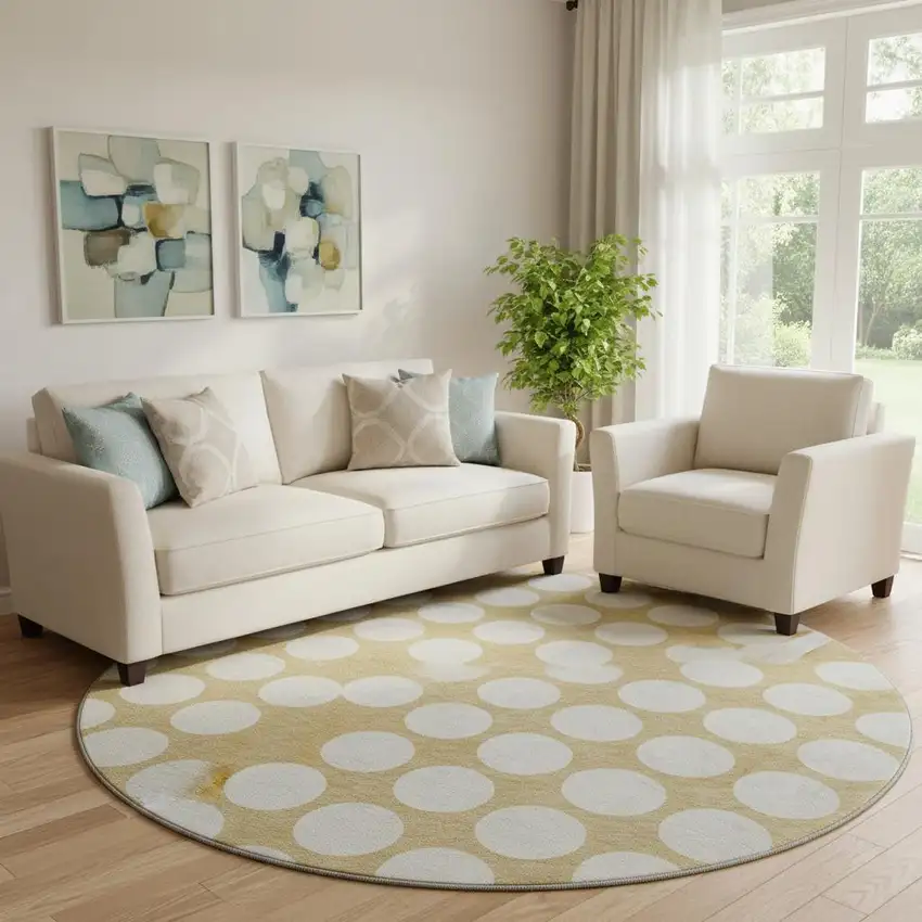 8' Gold And Ivory Polka Dot Washable Round Rug With UV Protection Photo 1