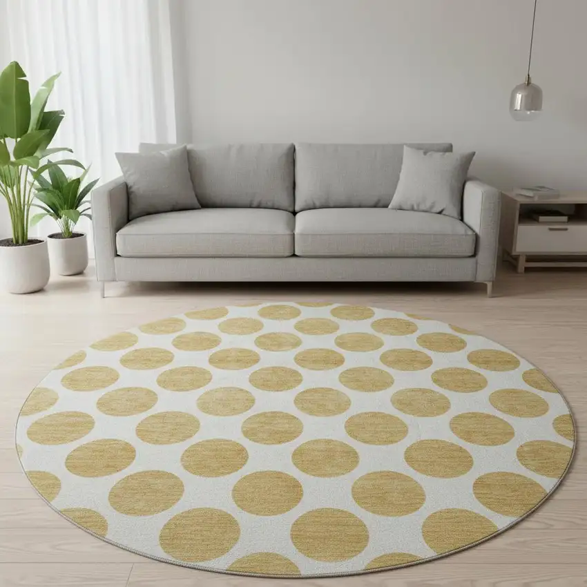 8' Gold And Ivory Polka Dot Washable Round Rug With UV Protection Photo 2