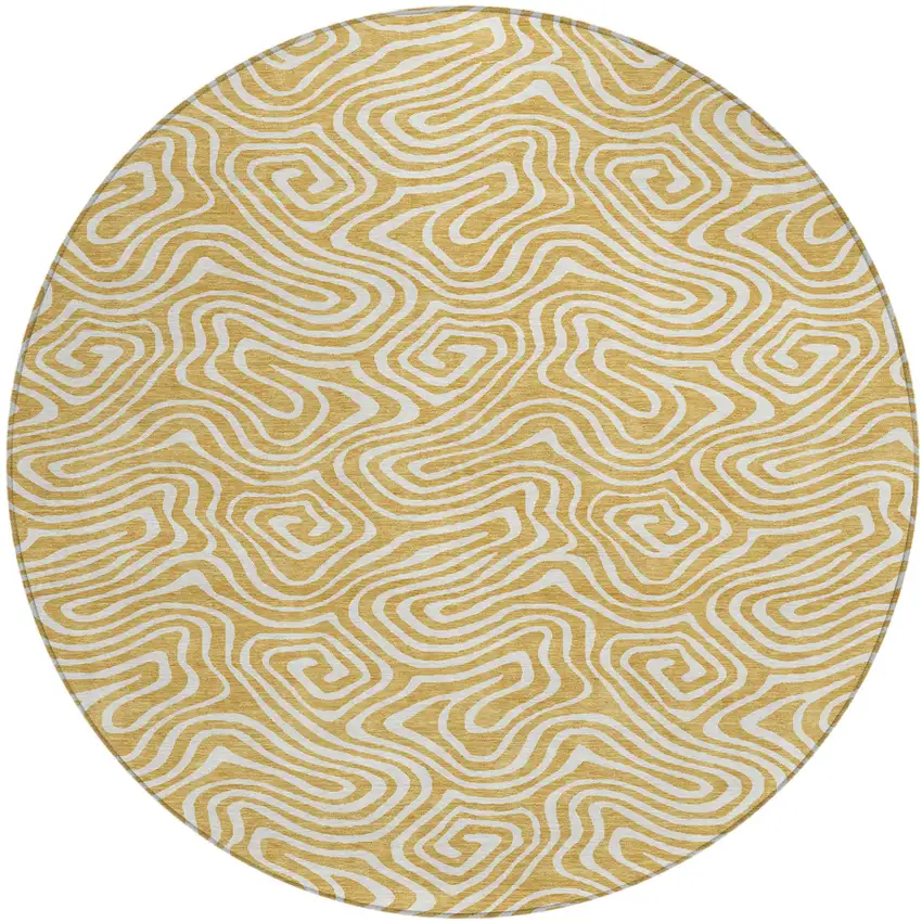8' Gold And Ivory Round Abstract Washable Indoor Outdoor Area Rug Photo 2