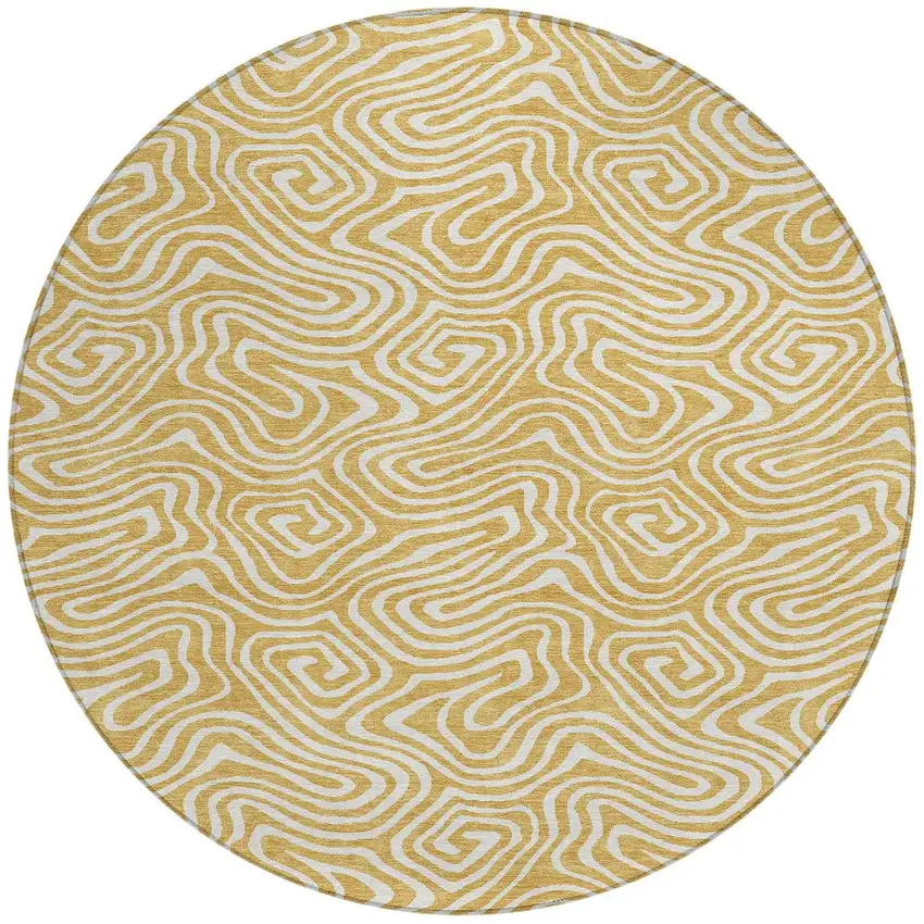 8' Gold And Ivory Round Abstract Washable Indoor Outdoor Area Rug Photo 6
