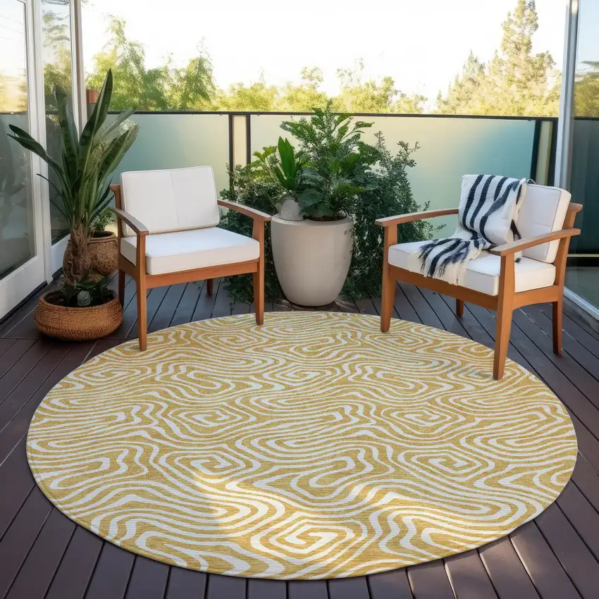 8' Gold And Ivory Round Abstract Washable Indoor Outdoor Area Rug Photo 7