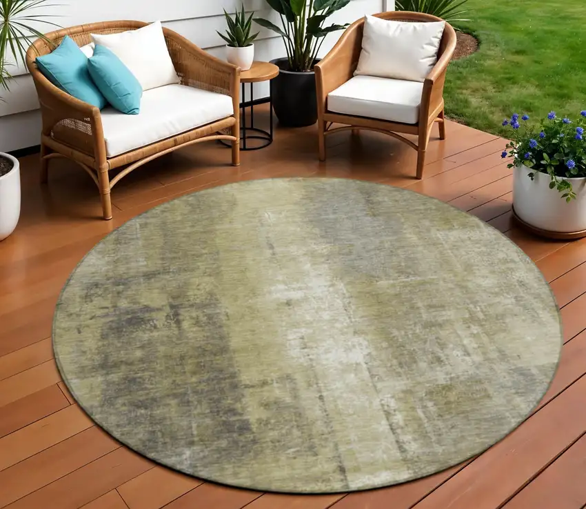 8' Gold And Ivory Round Abstract Washable Indoor Outdoor Area Rug Photo 2