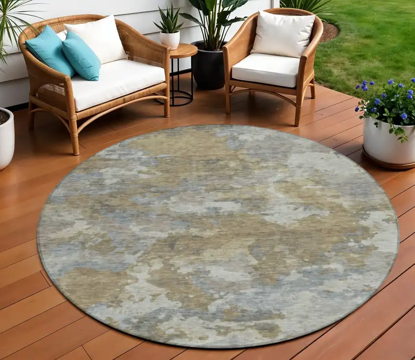 8' Gold And Ivory Round Abstract Washable Indoor Outdoor Area Rug Photo 2