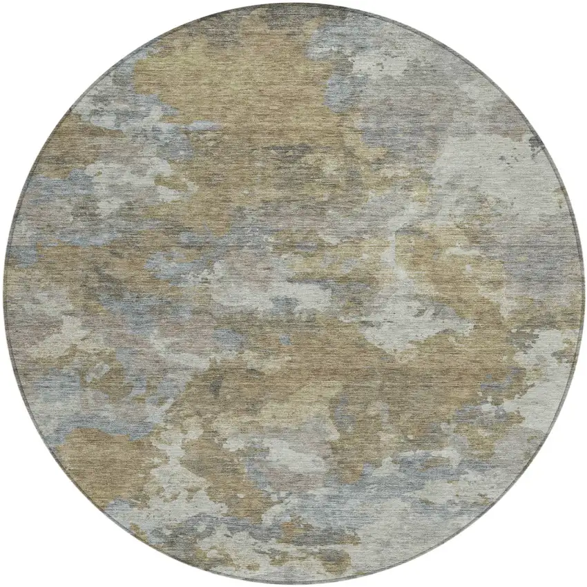 8' Gold And Ivory Round Abstract Washable Indoor Outdoor Area Rug Photo 1
