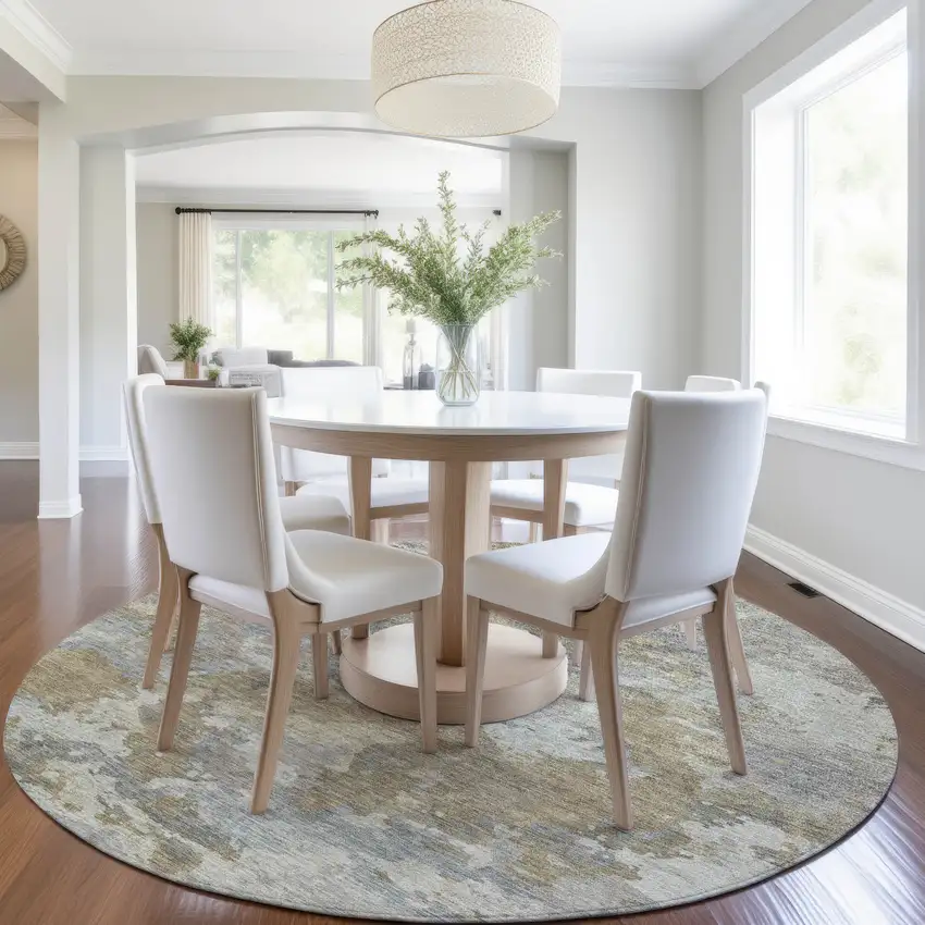 8' Gold And Ivory Round Abstract Washable Indoor Outdoor Area Rug Photo 6