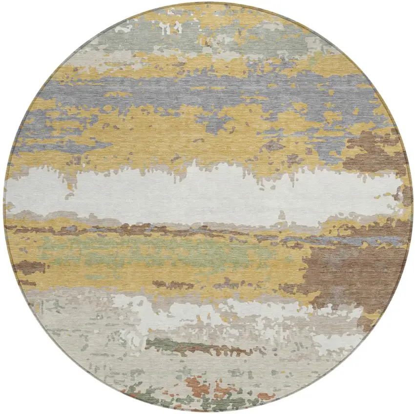 8' Gold And Ivory Round Abstract Washable Indoor Outdoor Area Rug Photo 1