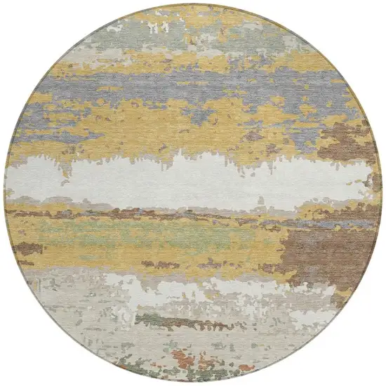 8' Gold And Ivory Round Abstract Washable Indoor Outdoor Area Rug Photo 3