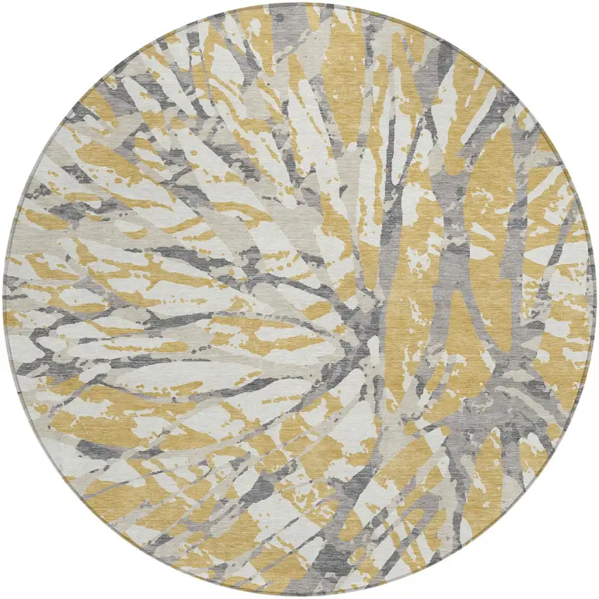 8' Gold And Ivory Round Abstract Washable Indoor Outdoor Area Rug Photo 2