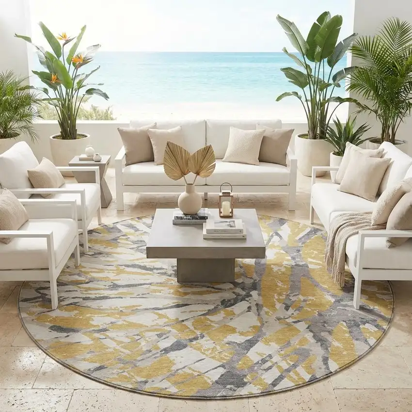 8' Gold And Ivory Round Abstract Washable Indoor Outdoor Area Rug Photo 1