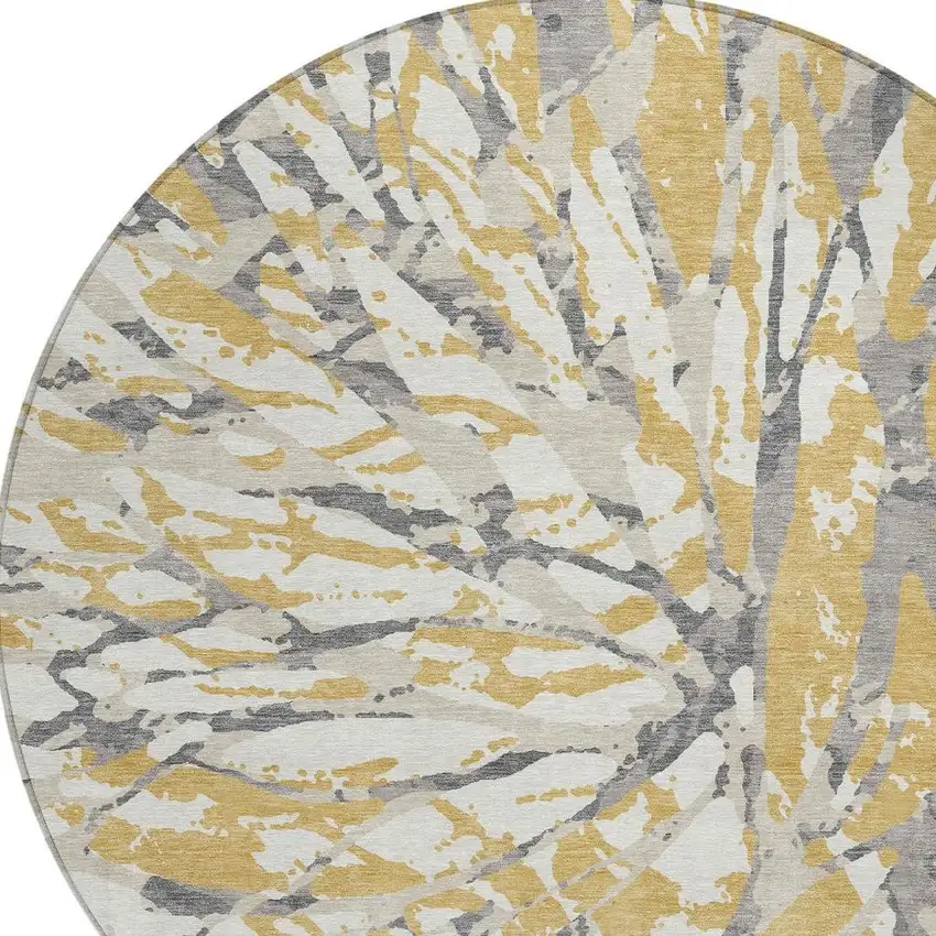 8' Gold And Ivory Round Abstract Washable Indoor Outdoor Area Rug Photo 5
