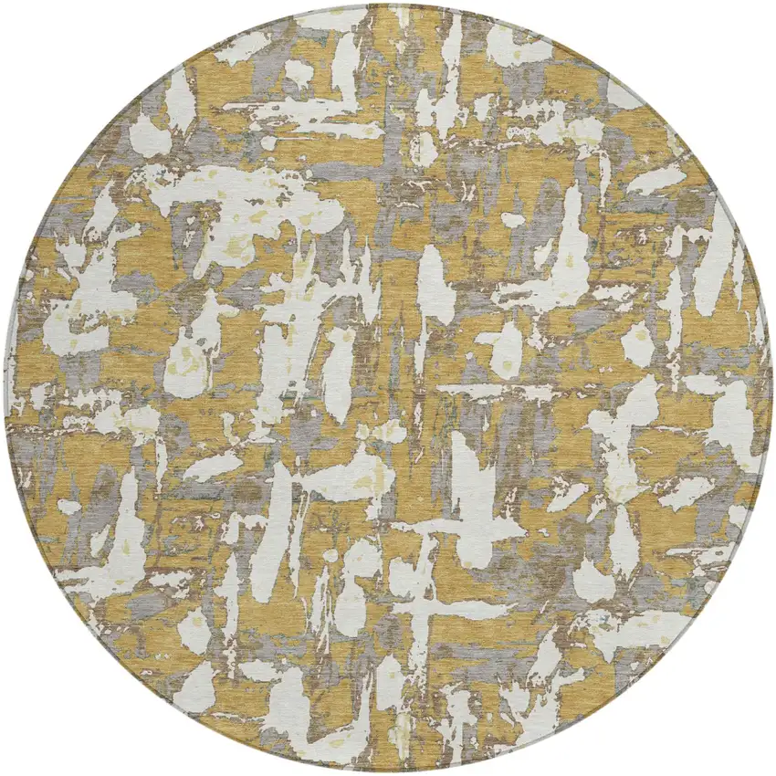 8' Gold And Ivory Round Abstract Washable Indoor Outdoor Area Rug Photo 3