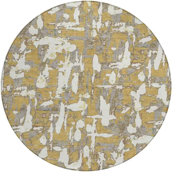 8' Gold And Ivory Round Abstract Washable Indoor Outdoor Area Rug Photo 3