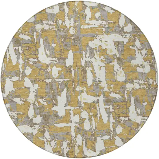 8' Gold And Ivory Round Abstract Washable Indoor Outdoor Area Rug Photo 4