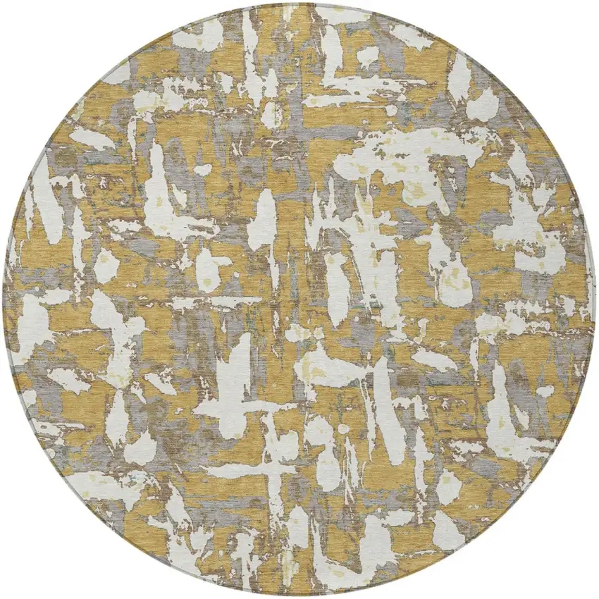 8' Gold And Ivory Round Abstract Washable Indoor Outdoor Area Rug Photo 4