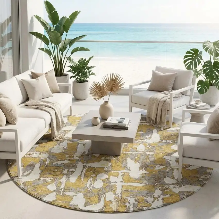 8' Gold And Ivory Round Abstract Washable Indoor Outdoor Area Rug Photo 1