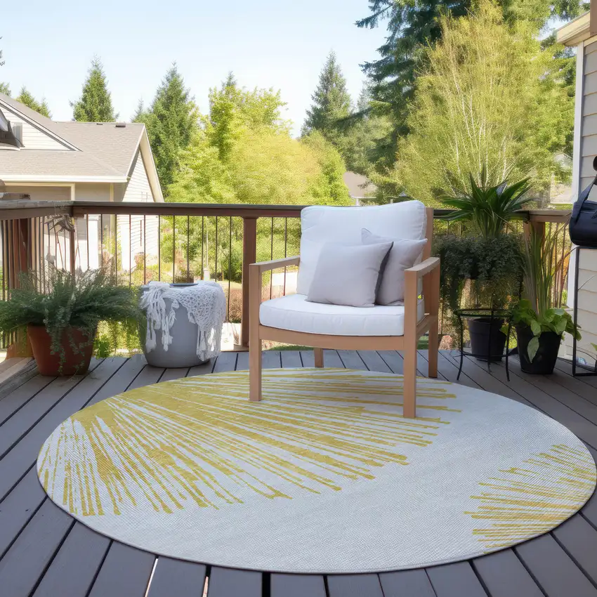 8' Gold And Ivory Round Abstract Washable Indoor Outdoor Area Rug Photo 6