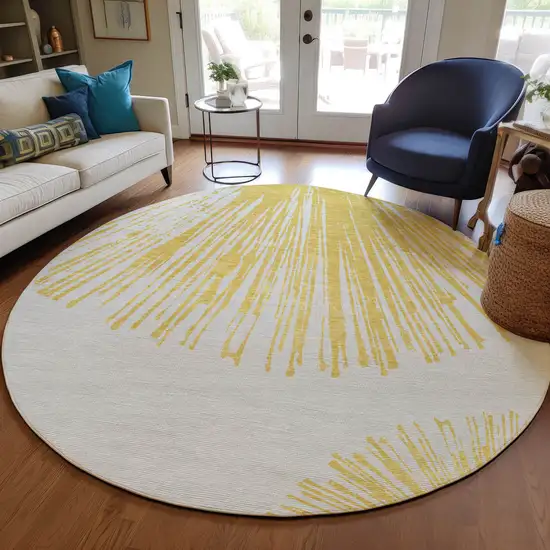 8' Gold And Ivory Round Abstract Washable Indoor Outdoor Area Rug Photo 7