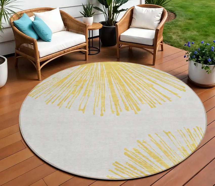 8' Gold And Ivory Round Abstract Washable Indoor Outdoor Area Rug Photo 1