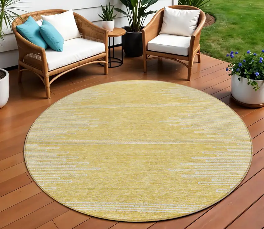 8' Gold And Ivory Round Abstract Washable Indoor Outdoor Area Rug Photo 1