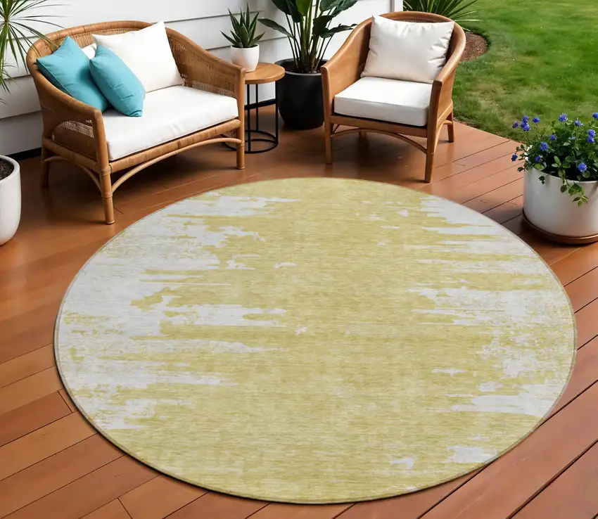 8' Gold And Ivory Round Abstract Washable Indoor Outdoor Area Rug Photo 1