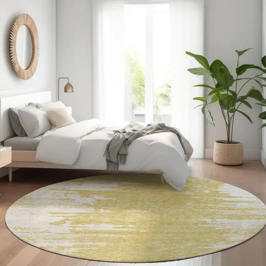 8' Gold And Ivory Round Abstract Washable Indoor Outdoor Area Rug Photo 7
