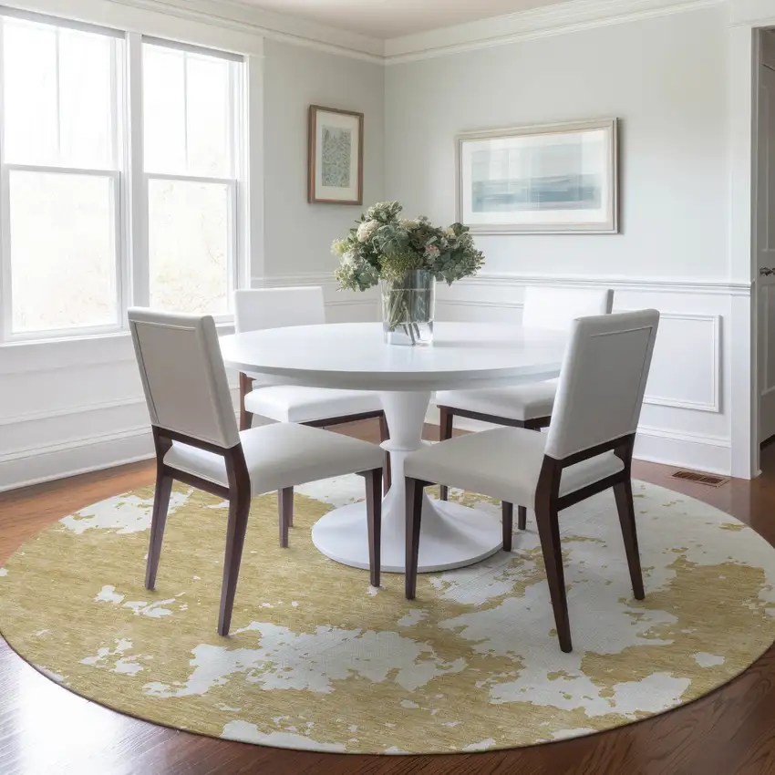 8' Gold And Ivory Round Abstract Washable Indoor Outdoor Area Rug Photo 7
