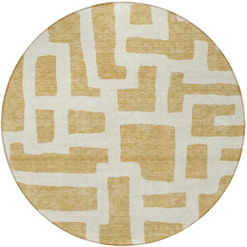 8' Gold And Ivory Round Abstract Washable Indoor Outdoor Area Rug Photo 4