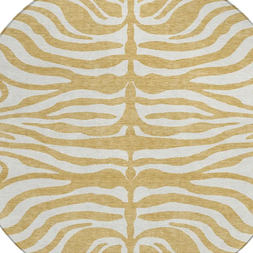 8' Gold And Ivory Round Animal Print Washable Indoor Outdoor Area Rug Photo 5