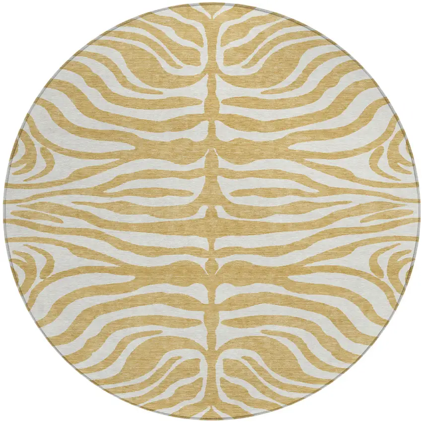 8' Gold And Ivory Round Animal Print Washable Indoor Outdoor Area Rug Photo 2