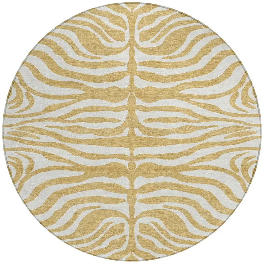 8' Gold And Ivory Round Animal Print Washable Indoor Outdoor Area Rug Photo 6